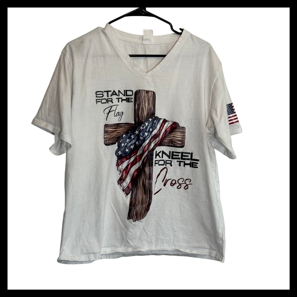Stand For The Flag Kneel For The Cross Patriotic White V-Neck T-Shirt Large